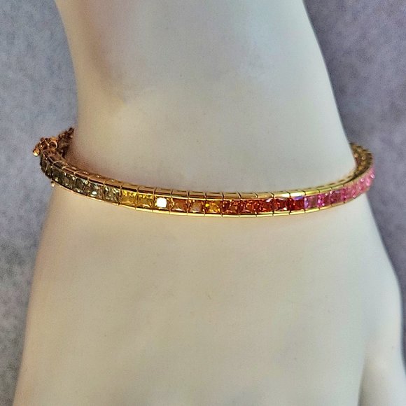 Rainbow Sapphire 18Kt, Princess Cut, Natural Square Sapphires, Tennis Bracelet - Picture 11 of 13